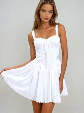 White Satin Lace-Trim Corset Mini Dress